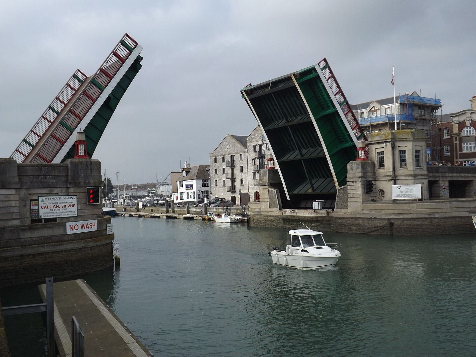 Weymouth Town Bridge raised to let a boat through the inner harbour